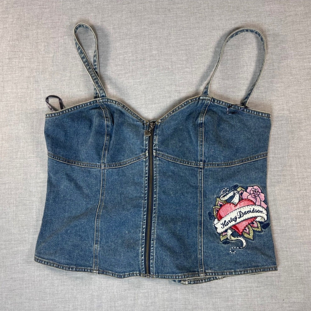 Vintage Y2K Harley Davidson Womens Denim Corset Top Zip Front Lace Up Back Large